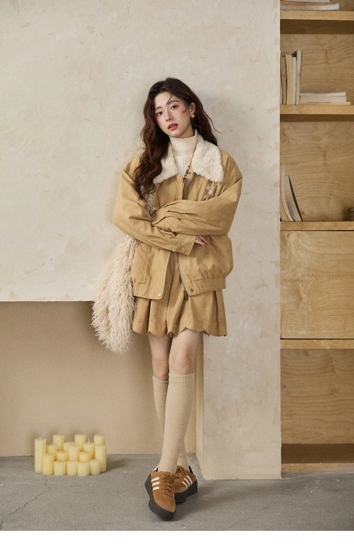 Mishow French Yellow Floral Embroidered Plush Zip-Up Coat MXE87W0932