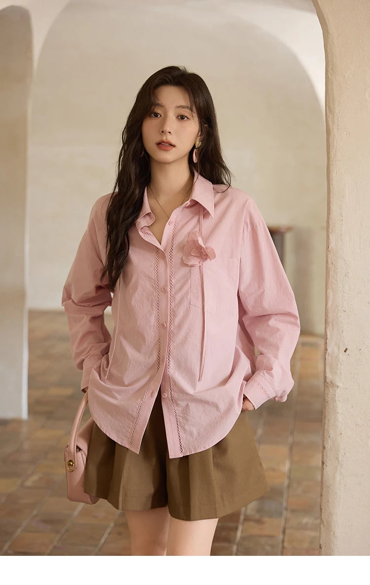 MISHOW Cotton Shirt Petal Ribbon Button Long Sleeve MXE41C2349