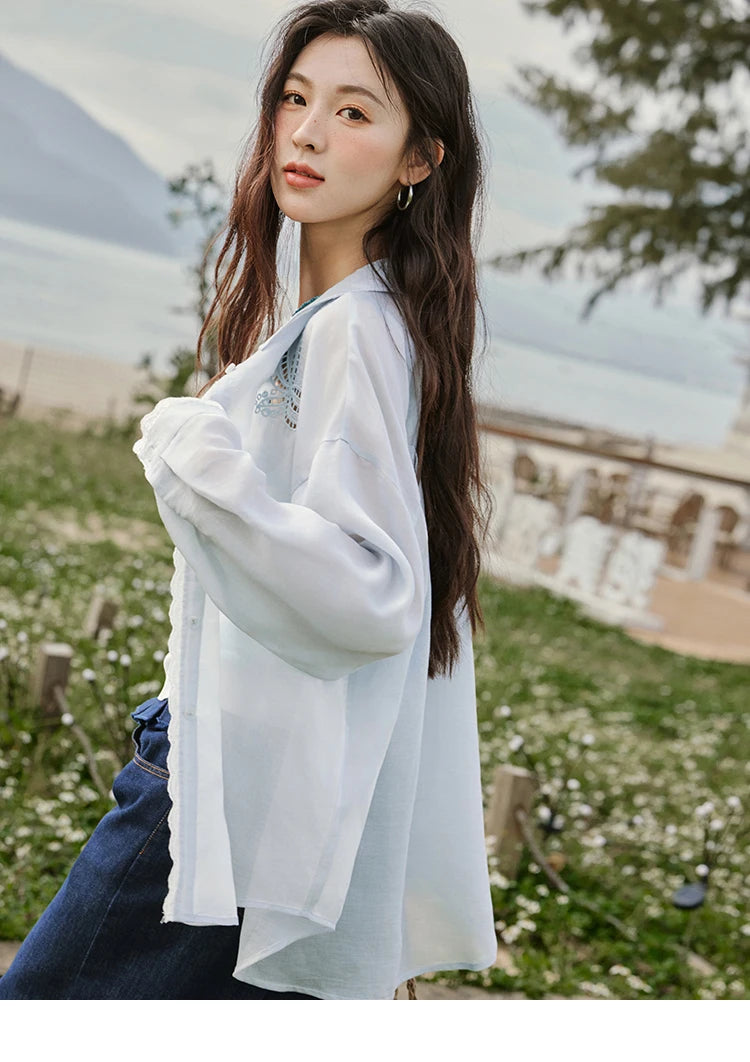 MISHOW Blue Hollow Embroidery Blouse Long Sleeve MXE31C0775