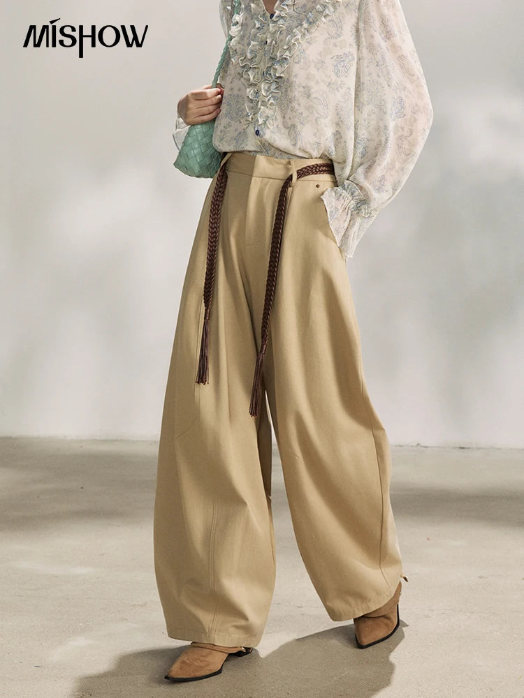 MISHOW Khaki Wide Leg Pants High Waist Belted Rear Pocket MXF13K1237