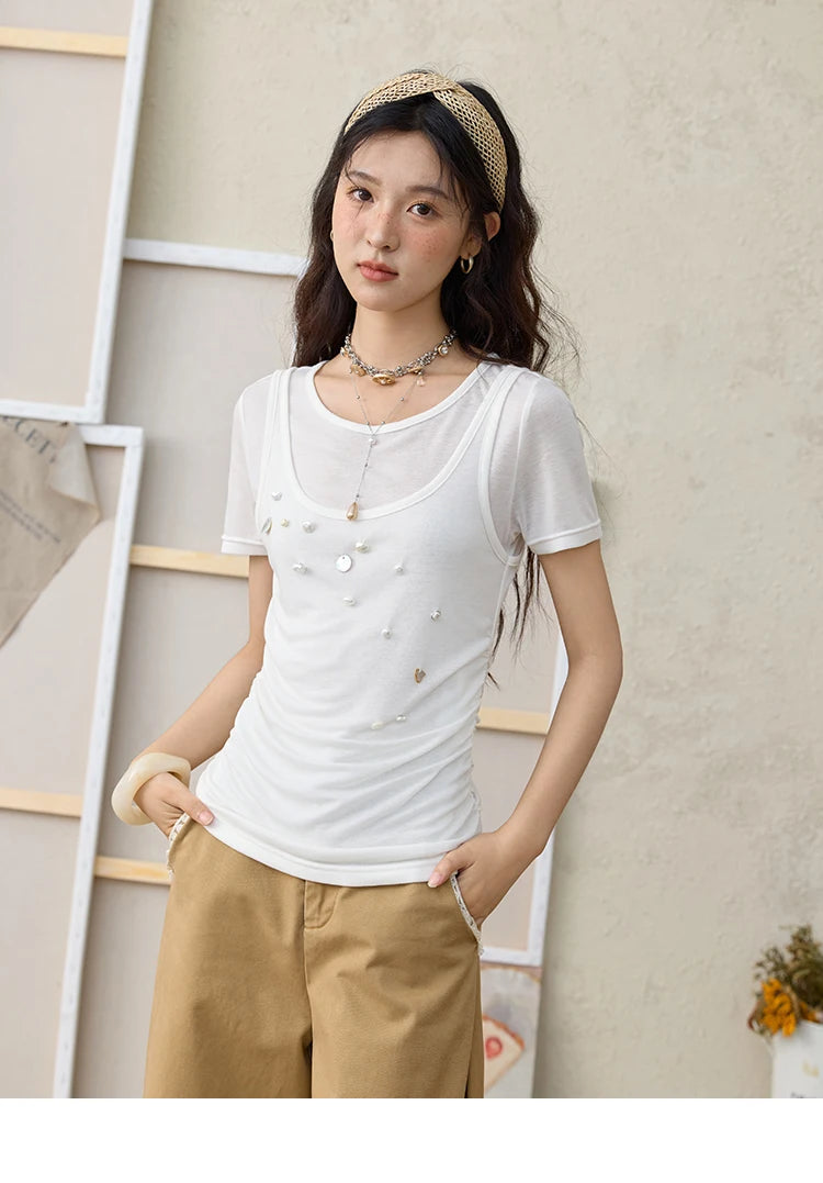 Mishow White Fake Two-Piece Bead Tee MXE35T0566