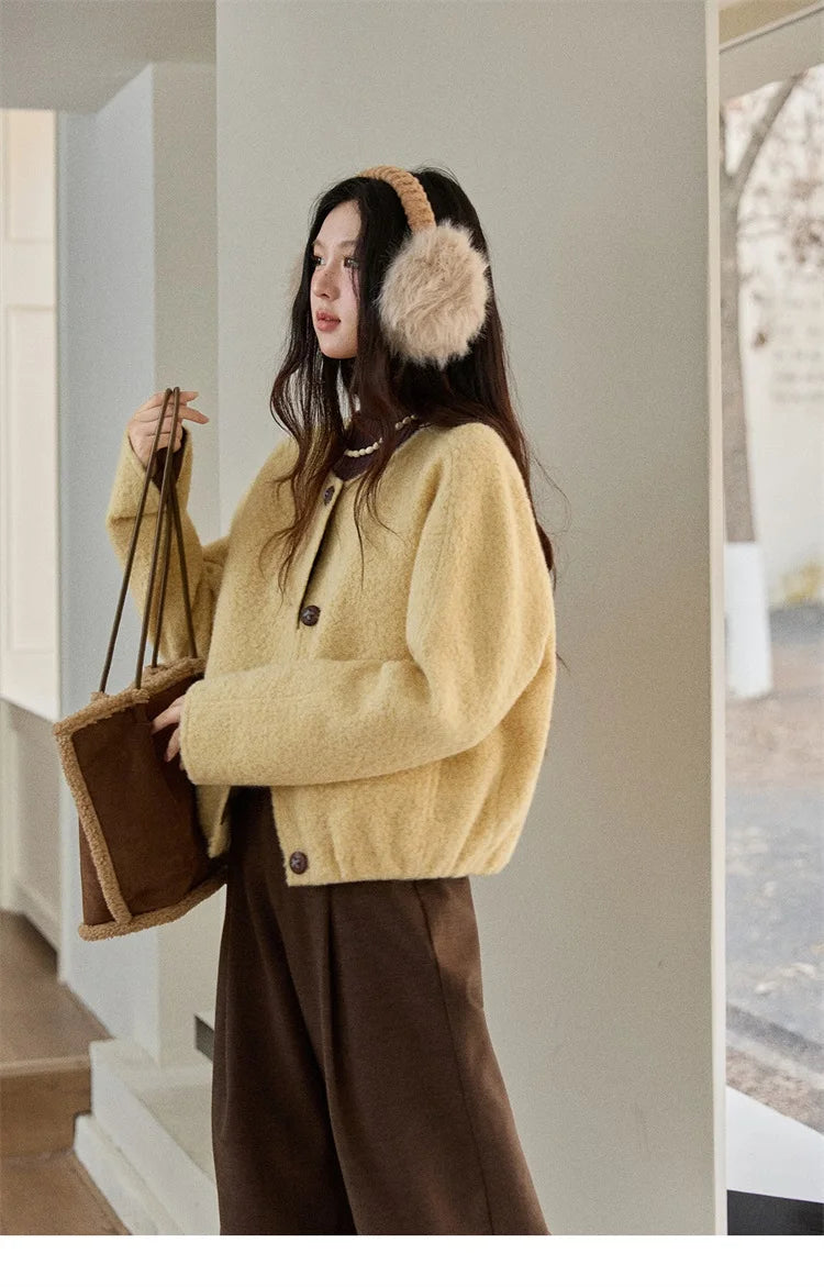 MISHOW Brown Wool Quilted Coat Round Neck Short Loose MXE87W0935