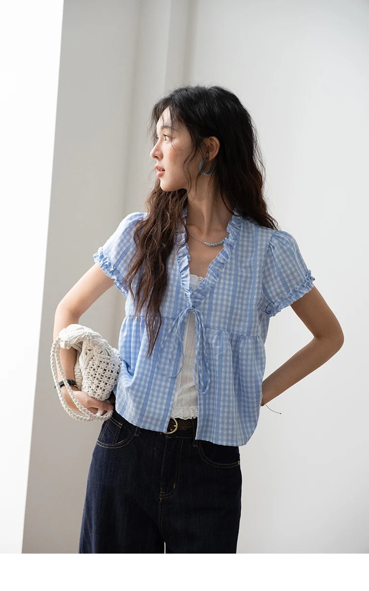 MISHOW Plaid Blue Fake Two Piece Blouse Puff Sleeve V-Neck Lace Up MXE37X1901