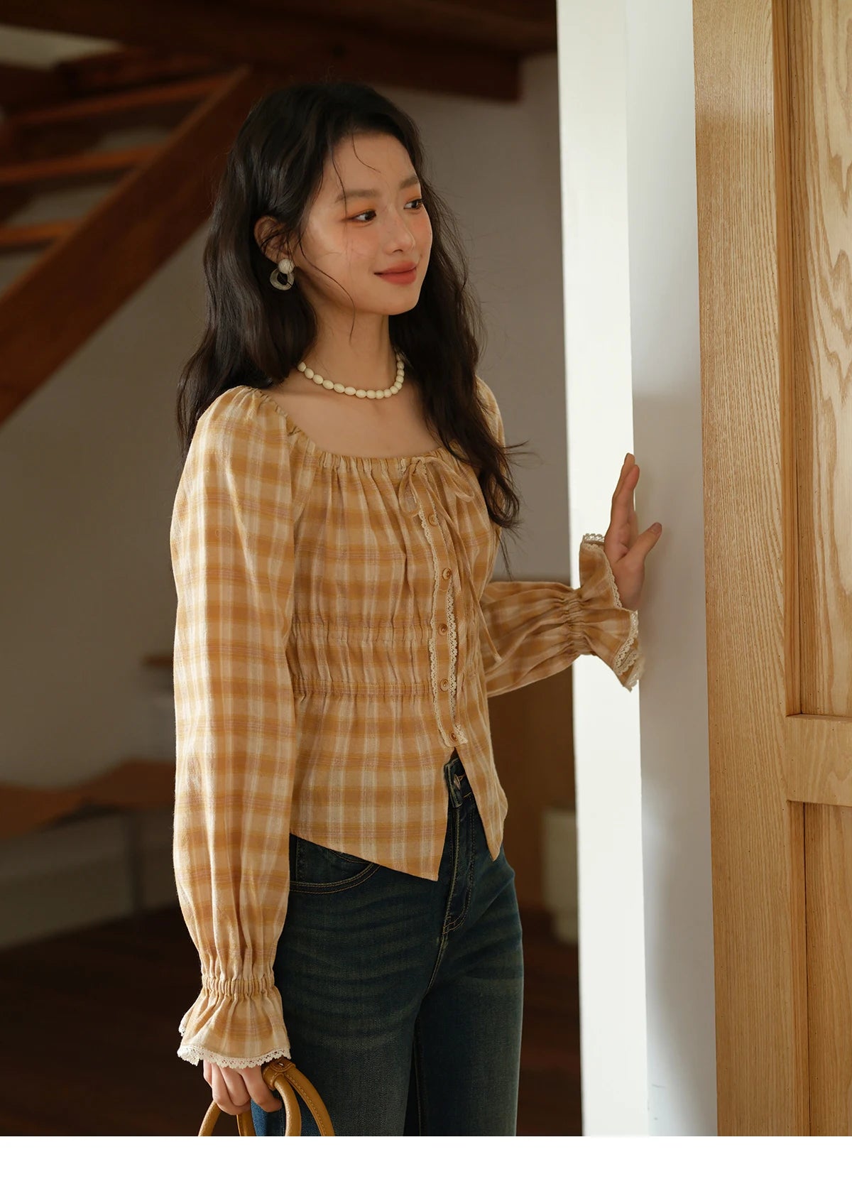 MISHOW Yellow Plaid Blouse Square Neck Puff Sleeve MXE43X1986