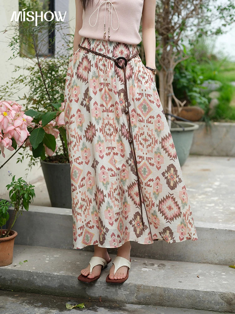 MISHOW Geometric Print Half Skirt Prairie Chic Pocket Vacation A-Line MXE37B0760