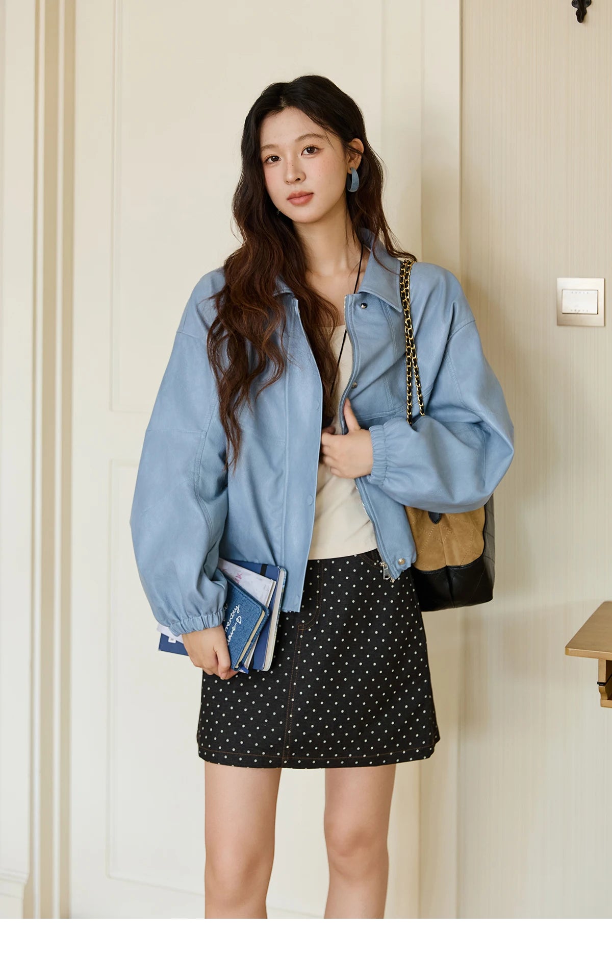 MISHOW Blue Short Jacket Hip-Hop Style Loose Zipper Pu Leather MXE45W0822
