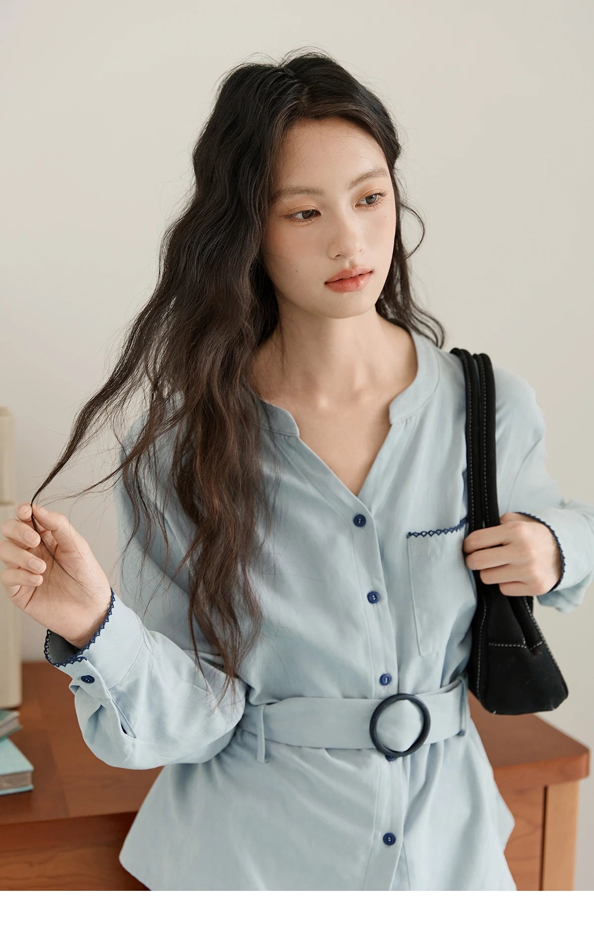 MISHOW Haze Blue Velvet Shirt Contrast Color Waist Sash MXE47X2497