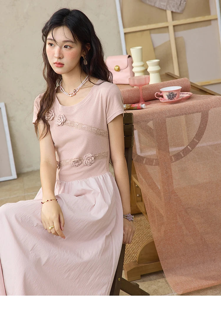 Mishow French Pink Woven Patchwork Knit Dress MXE36L2247