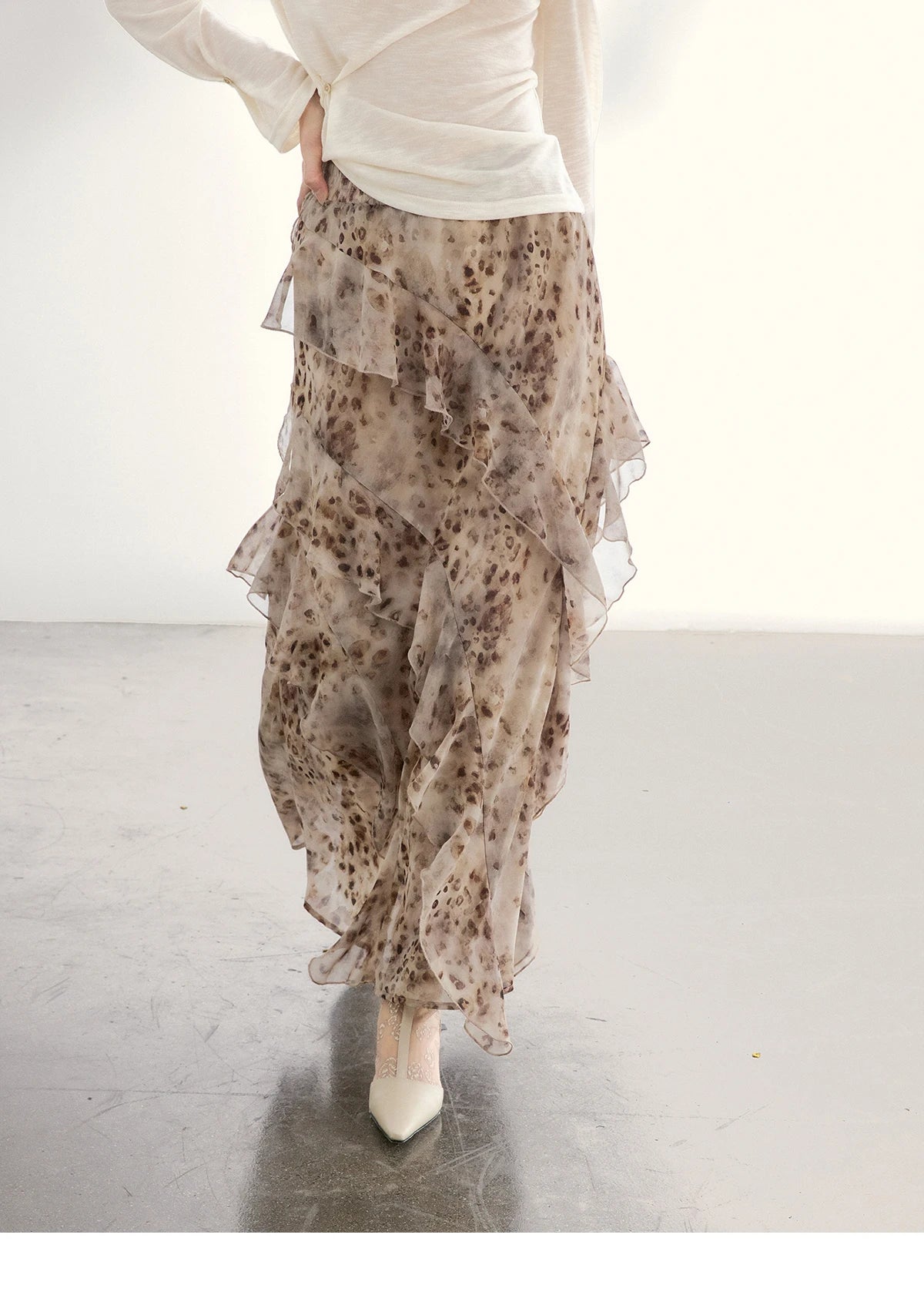 MISHOW Leopard Print Maxi Skirt Ruffled Chiffon Elastic Waist MXF108B0772
