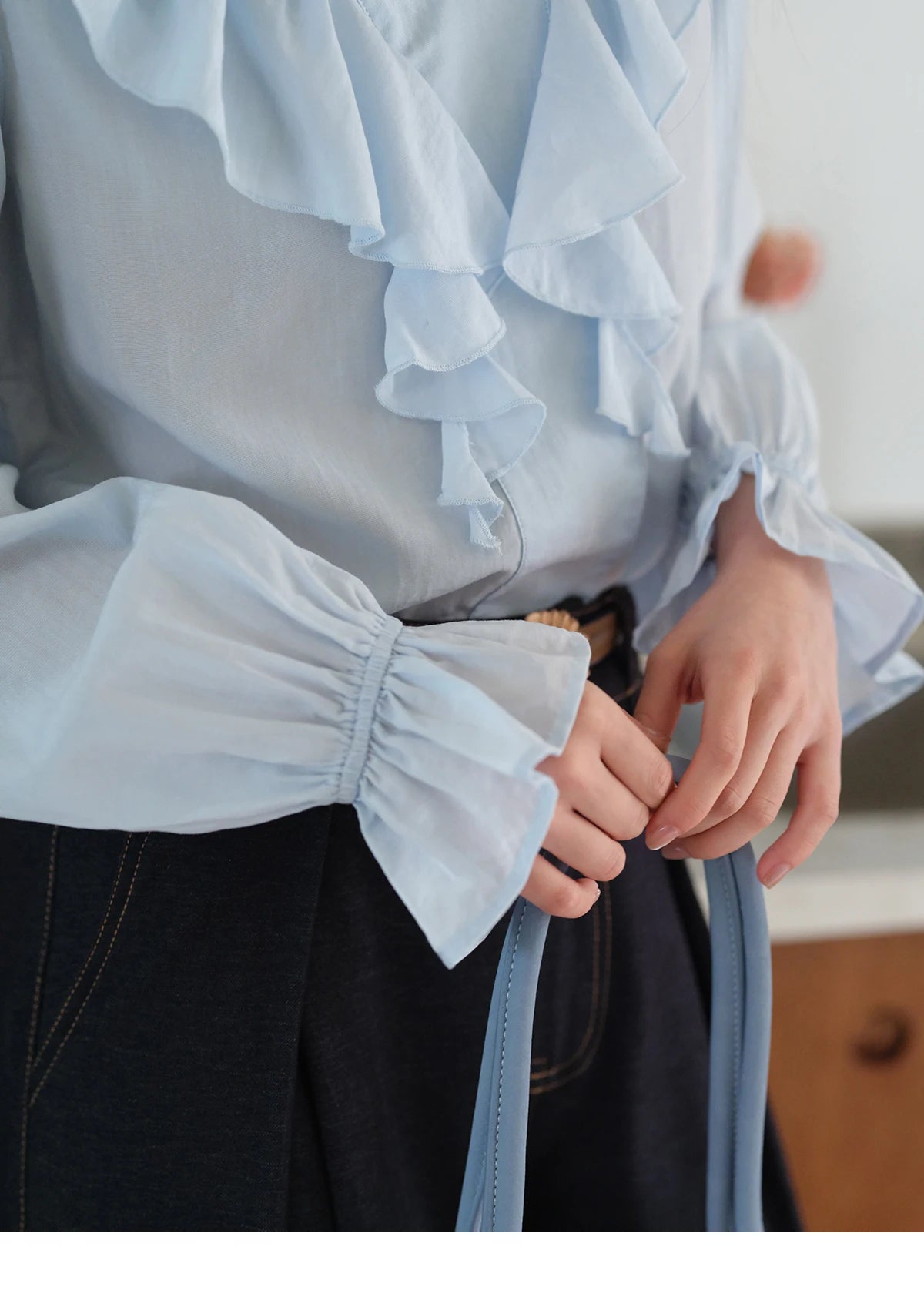 MISHOW Blue Lyocell Ruffled Shirt Flared Sleeves MXE41X1969
