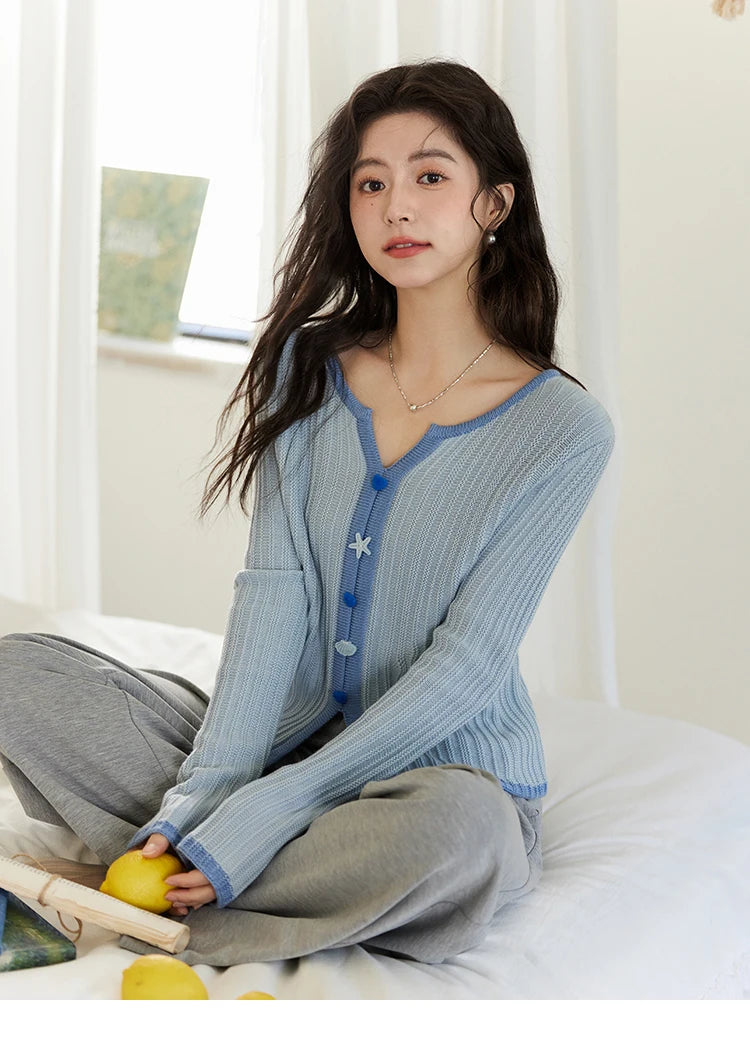 Mishow Blue V-Neck Shell Button Wool Blend Sweater MXE14Z1184
