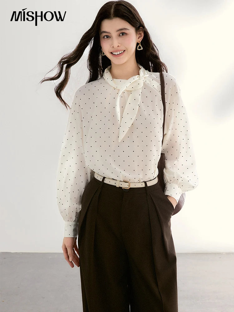 MISHOW White Polka Dot Blouse Bow Tie Neck Sheer MXF13X2531