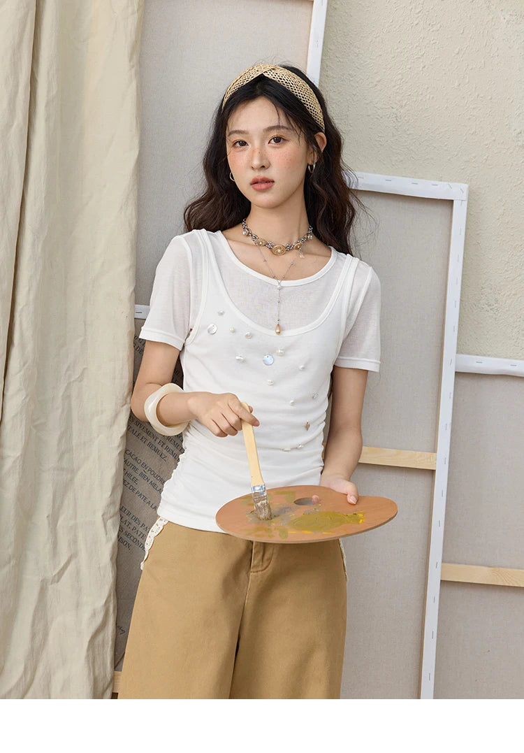 MISHOW Cotton Khaki Lace Patchwork Wide Leg Pants High Waist MXE34K0925