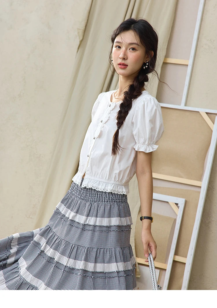 MISHOW Lace Puff Sleeve Shirt Flower Buttons Hem Elastic MXE34X1820