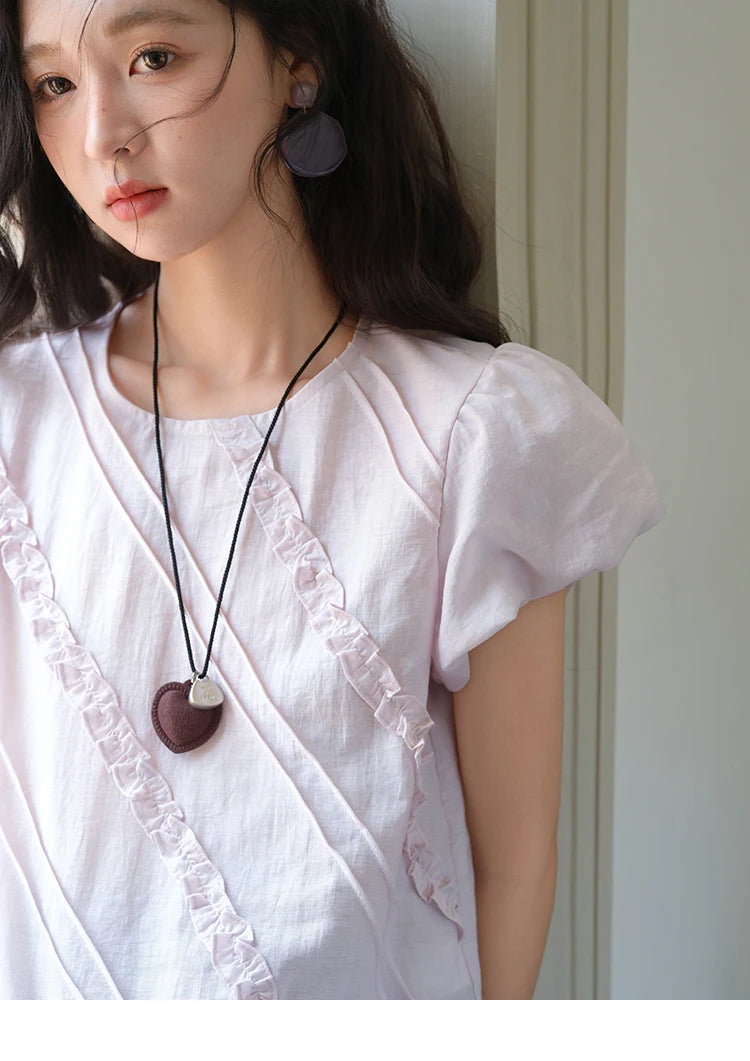 MISHOW Fungus Edge Puff Sleeve Blouse O-Neck Loose MXE39X1941