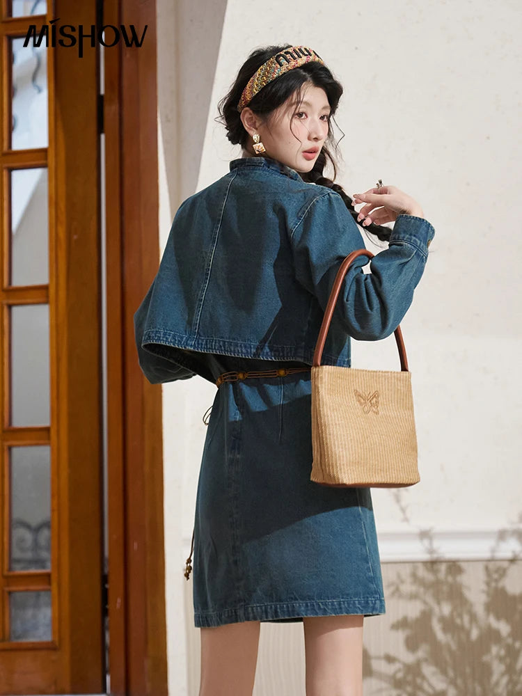 Mishow Retro Chinese Buckle Denim Vest Dress MXD14L1771