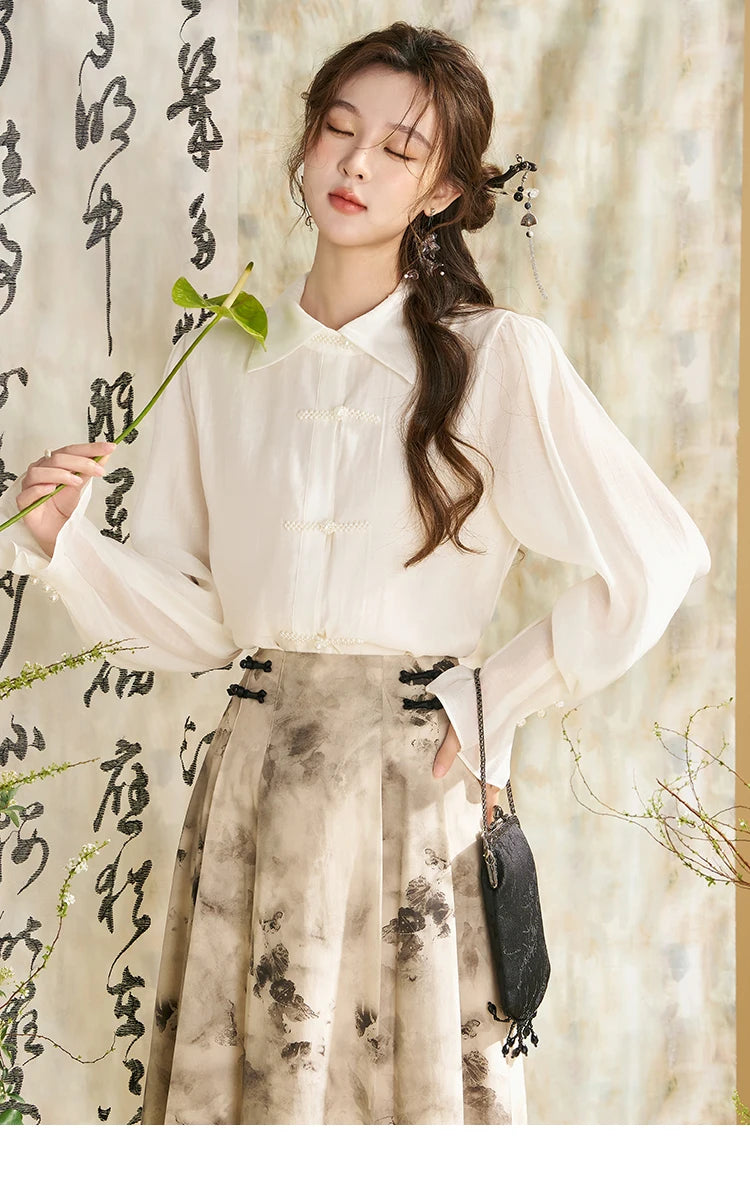 MISHOW Chinese Lapel Shirt Pearl Embellishments Petal Sleeve MXD11X1344