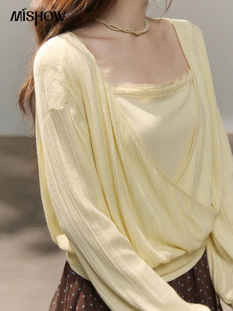 Mishow Lemon Yellow Lantern Sleeve Top & Lace Camisole Set MXF13T1513
