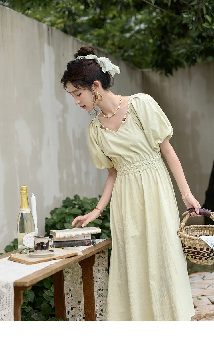 Mishow French V-Neck Bubble Sleeve Back Green Dress MXD22L1825
