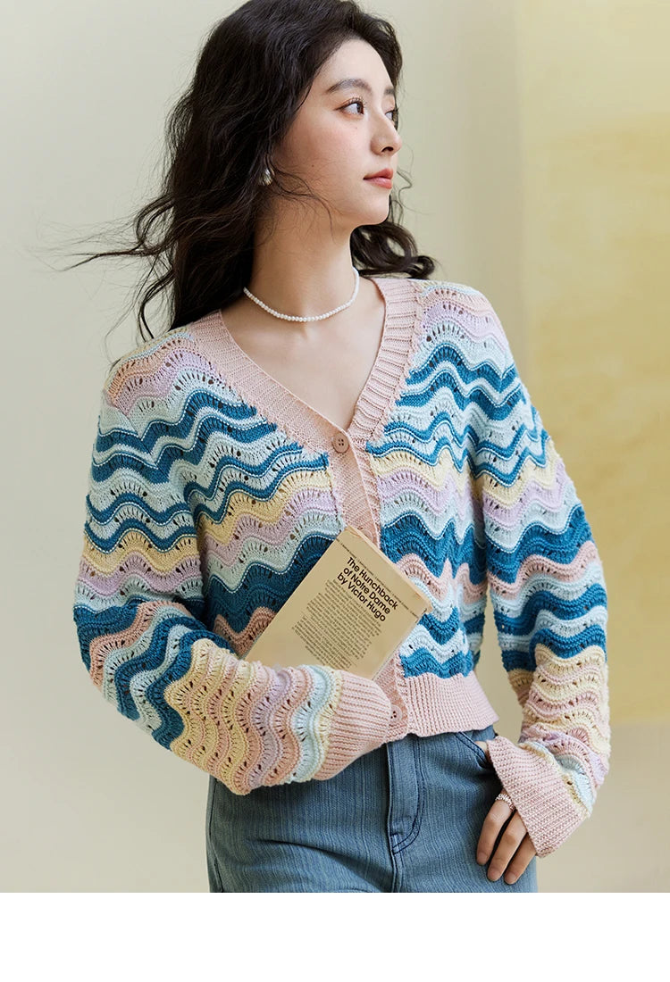 Mishow Color Stripe V-Neck Loose Cardigan MXE16Z1203