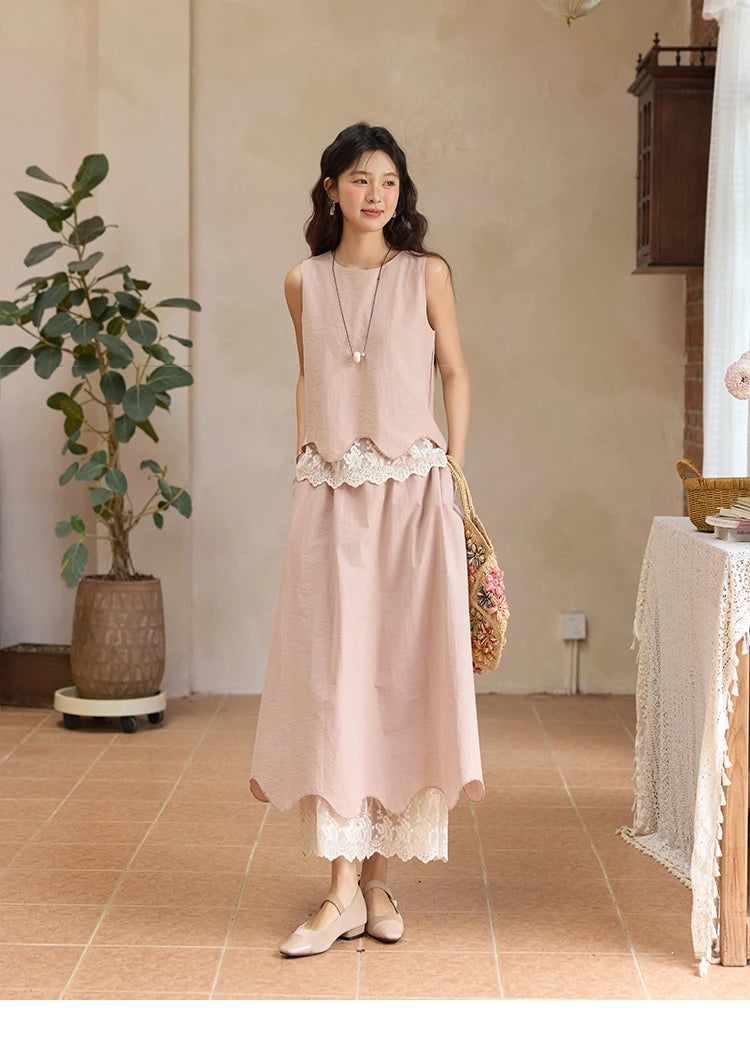 Mishow O-Neck Lace Patchwork Top & Elastic Waist Midi Skirt Set MXE36T0641