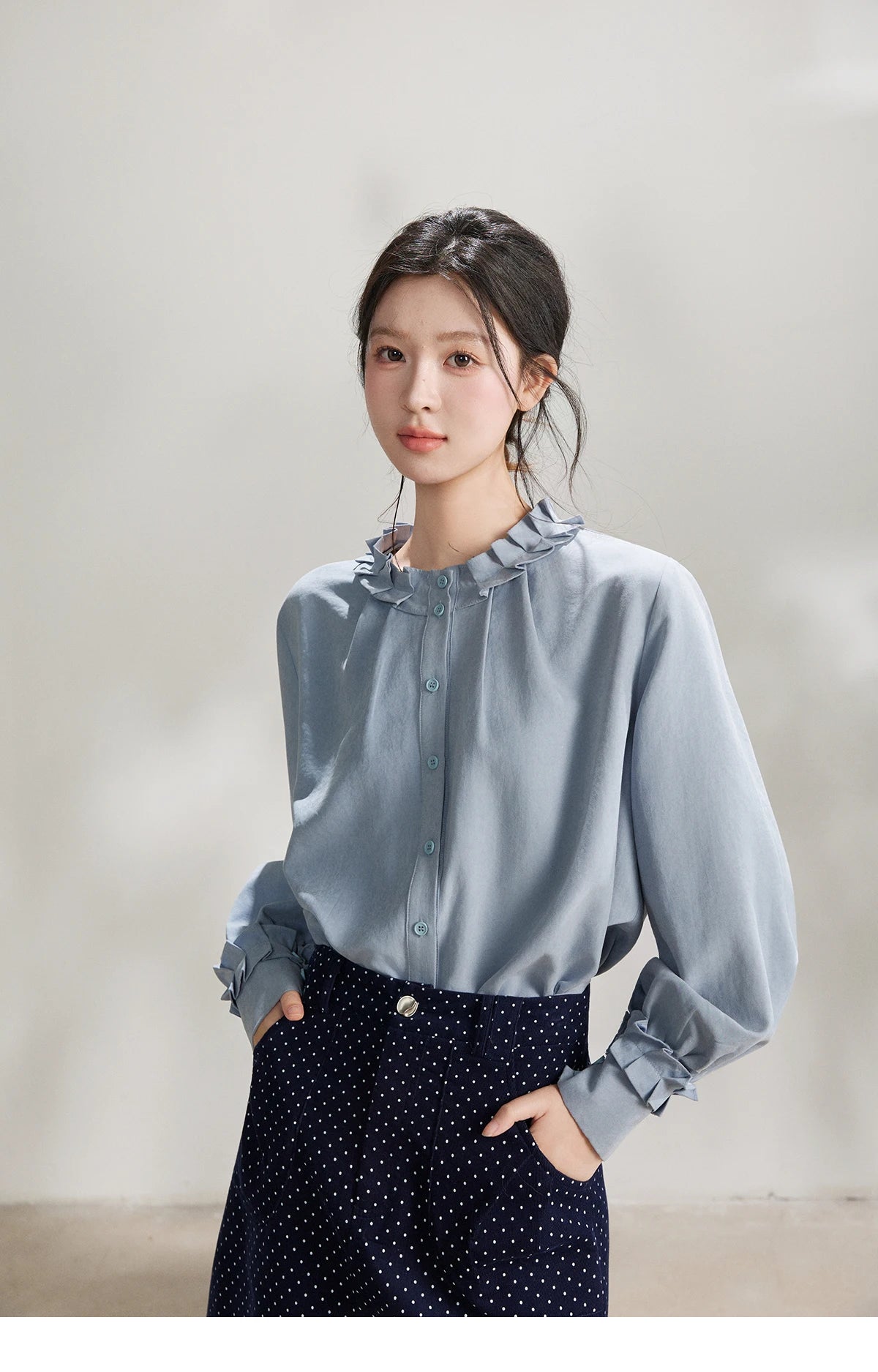 MISHOW Peach Skin Solid Shirt Ruffled Crew Neck MXF11C2431