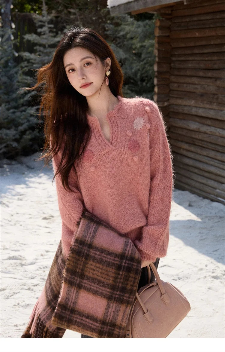 Mishow Raspberry Pink Floral Pom-Pom V-Neck Sweater MXE86Z2740