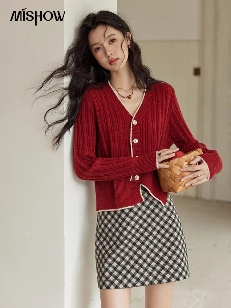 Mishow French Gentle V-Neck Color Clash Cardigan MXD34Z0925