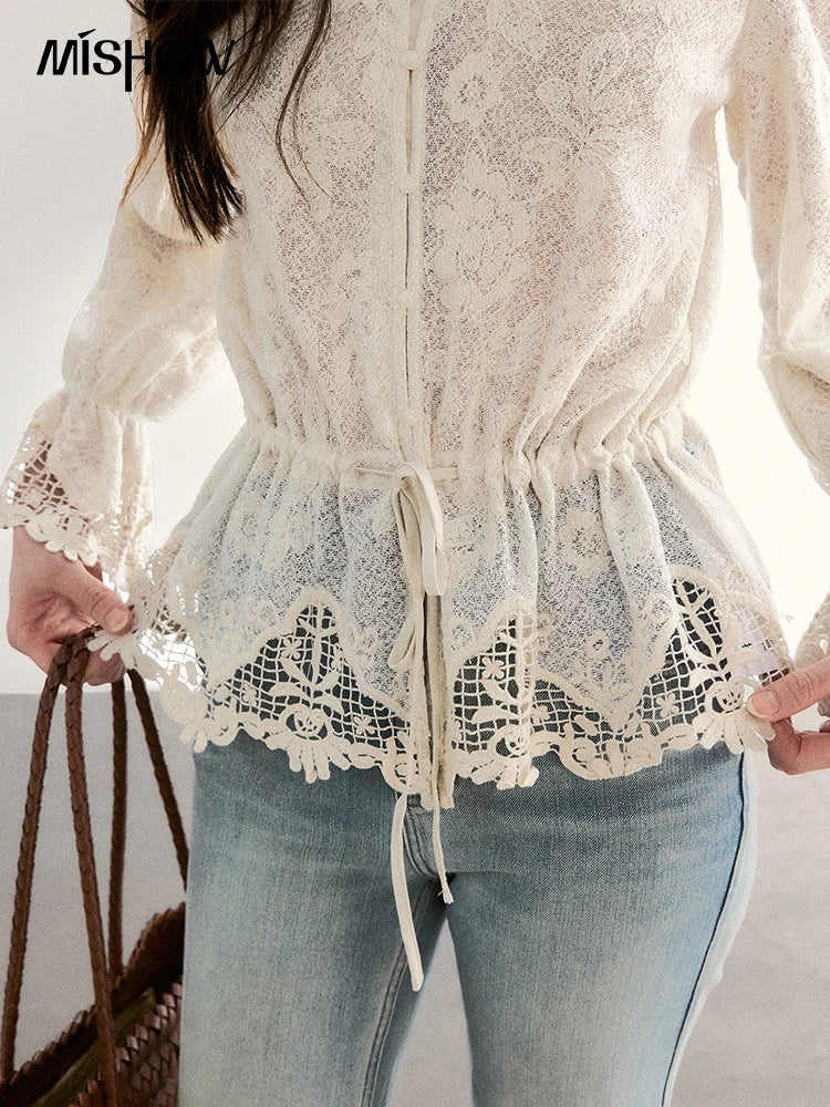 MISHOW Lace V-Neck Blouse Drawstring Waist Ruffled Hem MXF108X0998