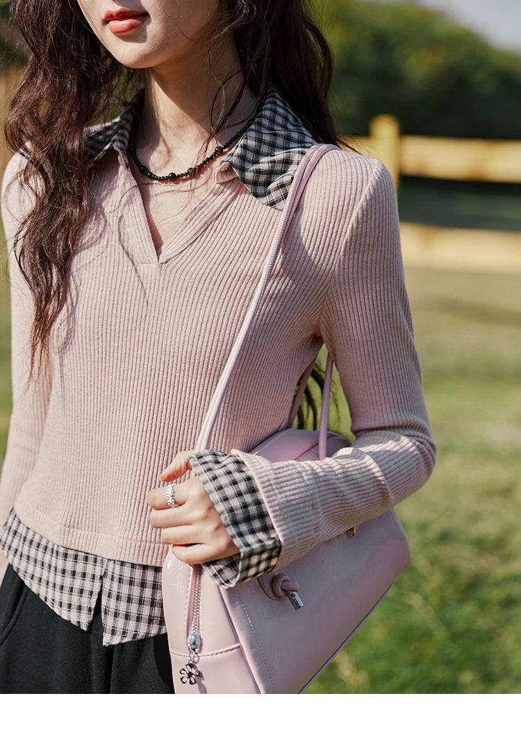 Mishow Plaid Splicing Fake Two-Piece Top MXE13Z1108