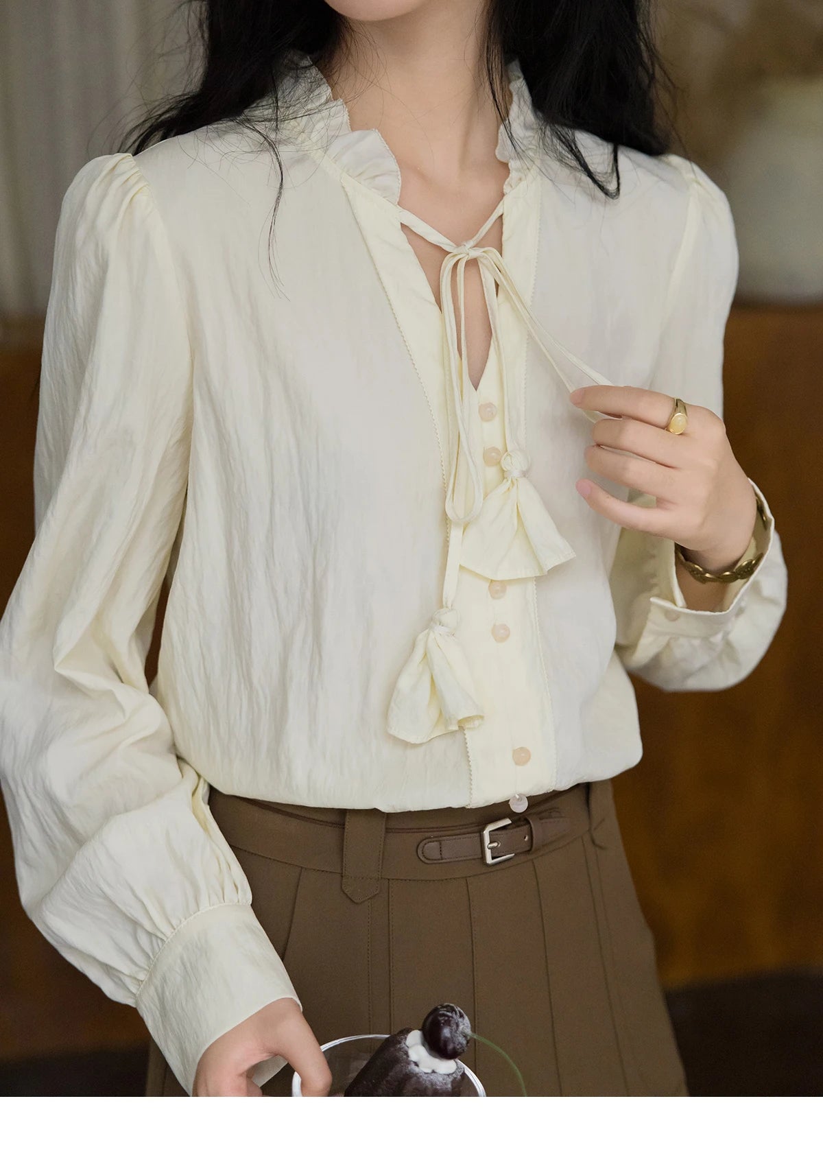MISHOW Flower Bud Tie Lyocell Shirt V-Neck Long Sleeve MXD42X1640
