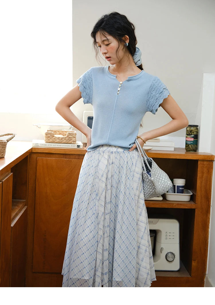 MISHOW Patchwork Plaid Chiffon Half Skirt High Waist A-Line MXE34B0739