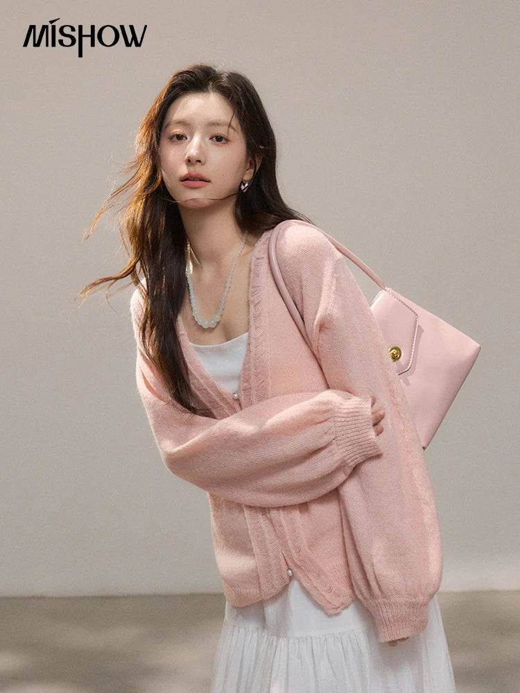 Mishow Pink Ruffled Pearl Button V-Neck Cardigan MXF108Z1028