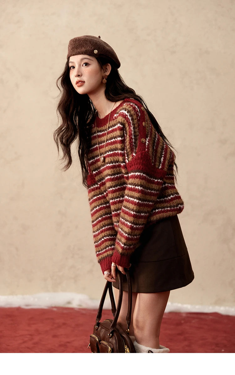 Mishow Christmas Retro Striped Wool Blend Button Sweater MXD59Z1060