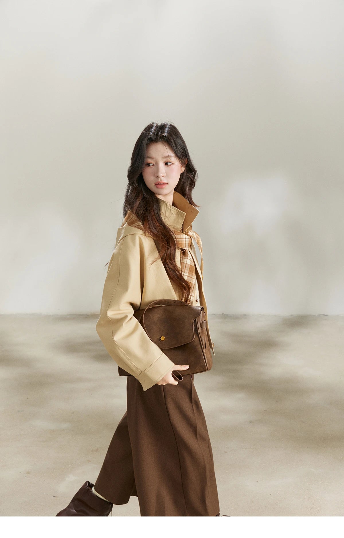 MISHOW Khaki Cropped Trench Coat Lapel Stand Collar MXF108W1003