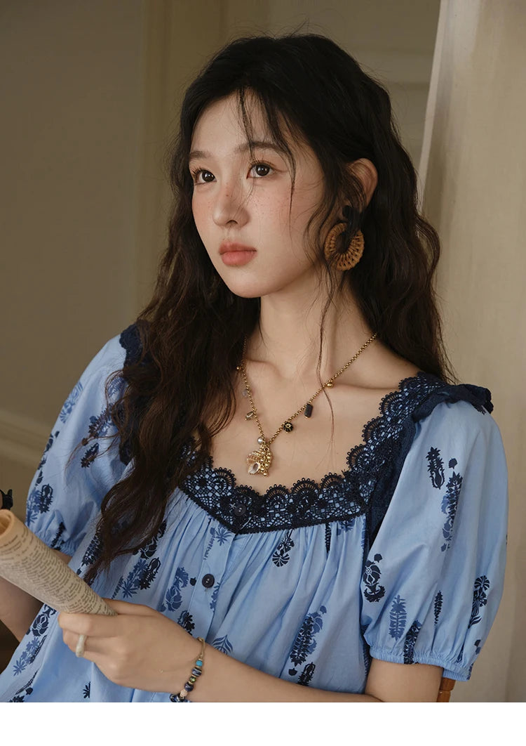 MISHOW Print Cotton Shirt Puff Sleeve Lace Splicing MXE35X1842