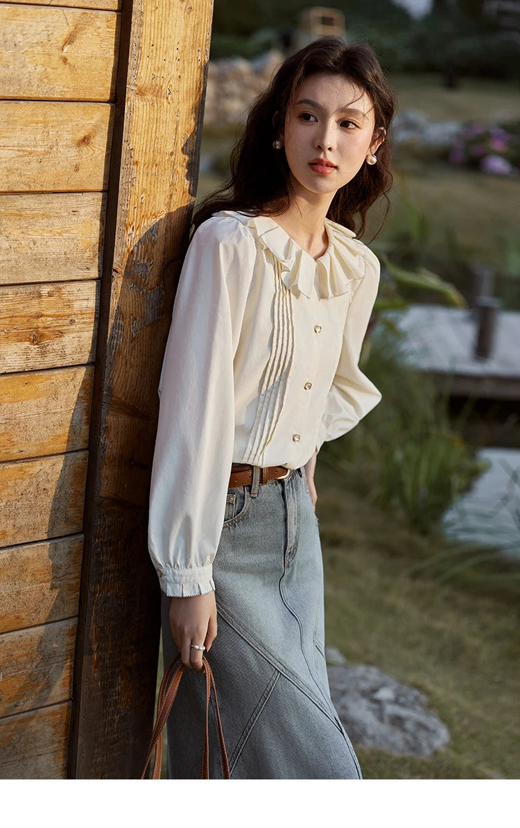 MISHOW Tucker Pleats Doll Neck Shirt Ruffled O Neck MXE12C0401