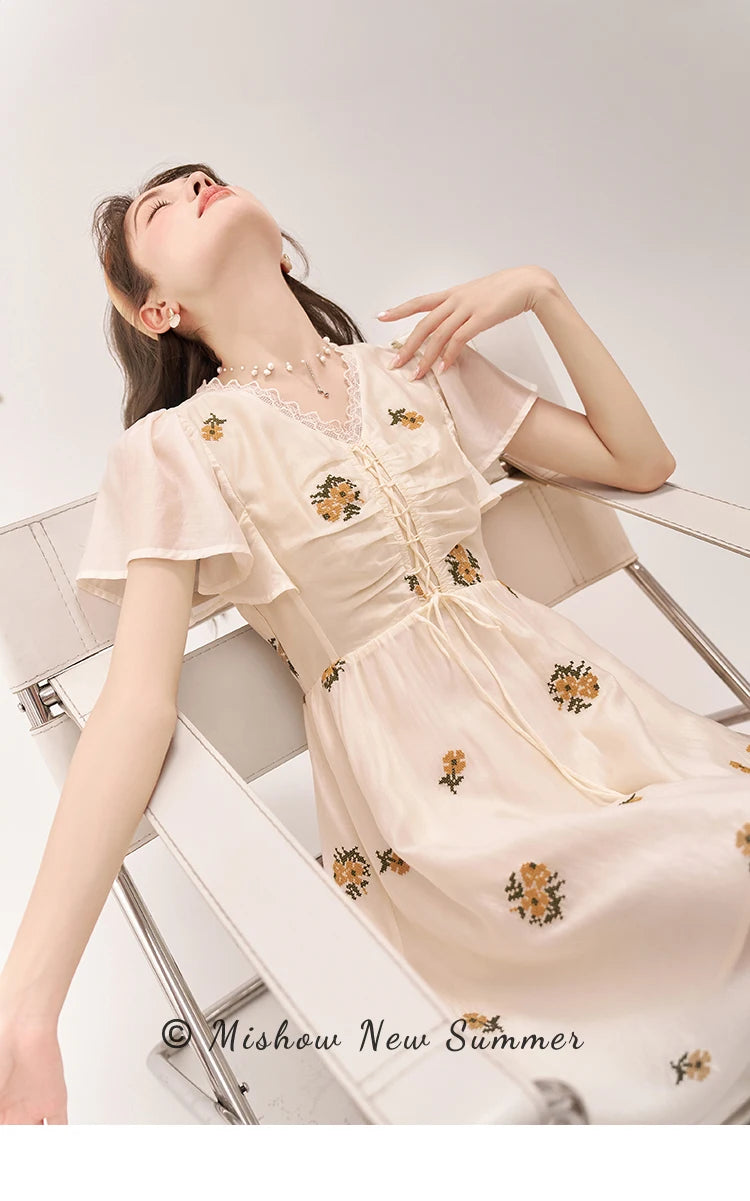 Mishow Van Gogh Sunflower Embroidered Butterfly Sleeve Dress MXC39L1524