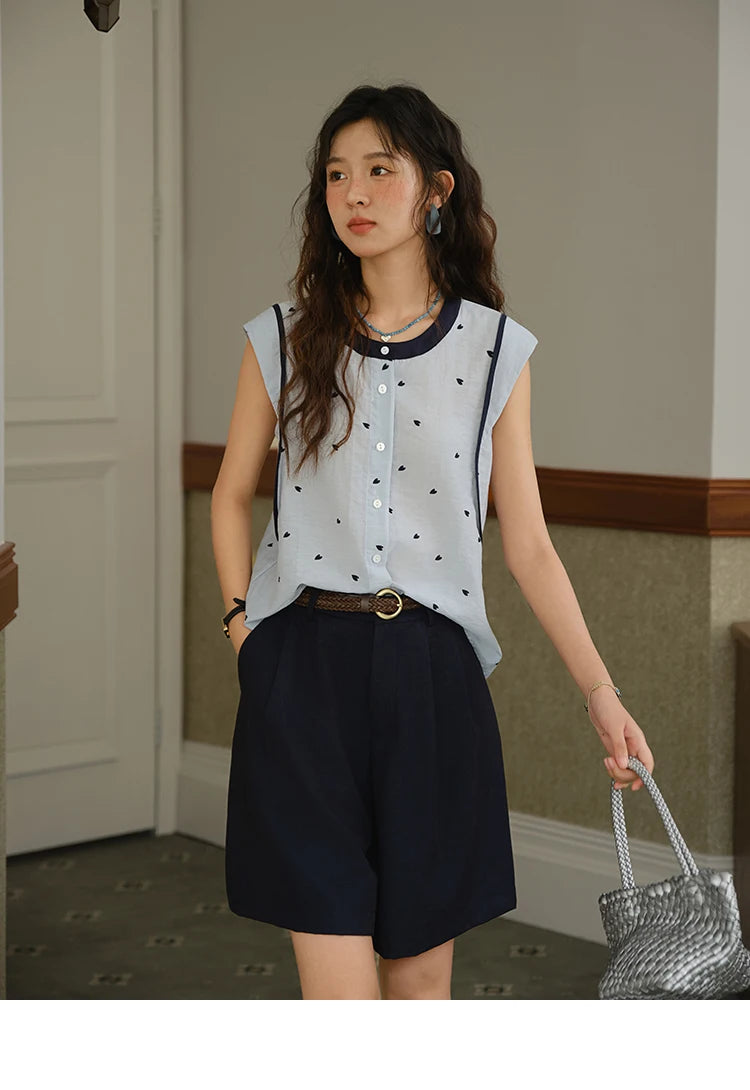 Mishow Sleeveless Button Shirt & High Waist A-Line Shorts Set MXE37T0656