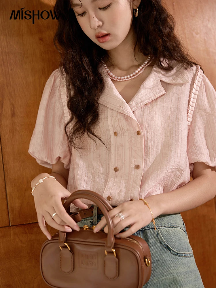 MISHOW Retro Pink Short Sleeve Shirt Ruffled Edge MXD29C0273