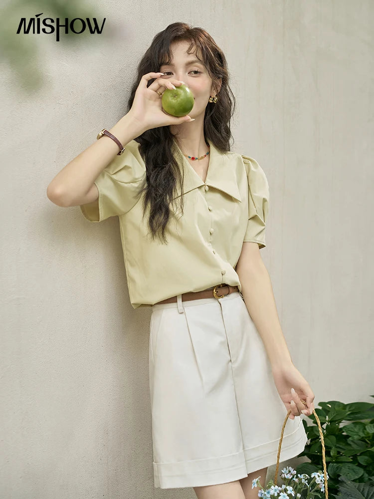 MISHOW Bubble Sleeve V-Neck Shirt Lapel Collar Loose MXD28X1471