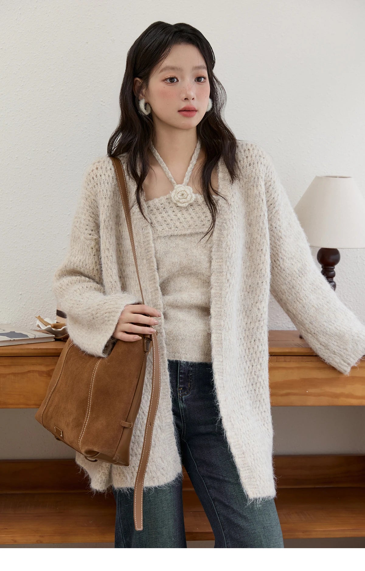 Mishow Apricot Knitted Halter & Cardigan Two-Piece Set MXE51T1424