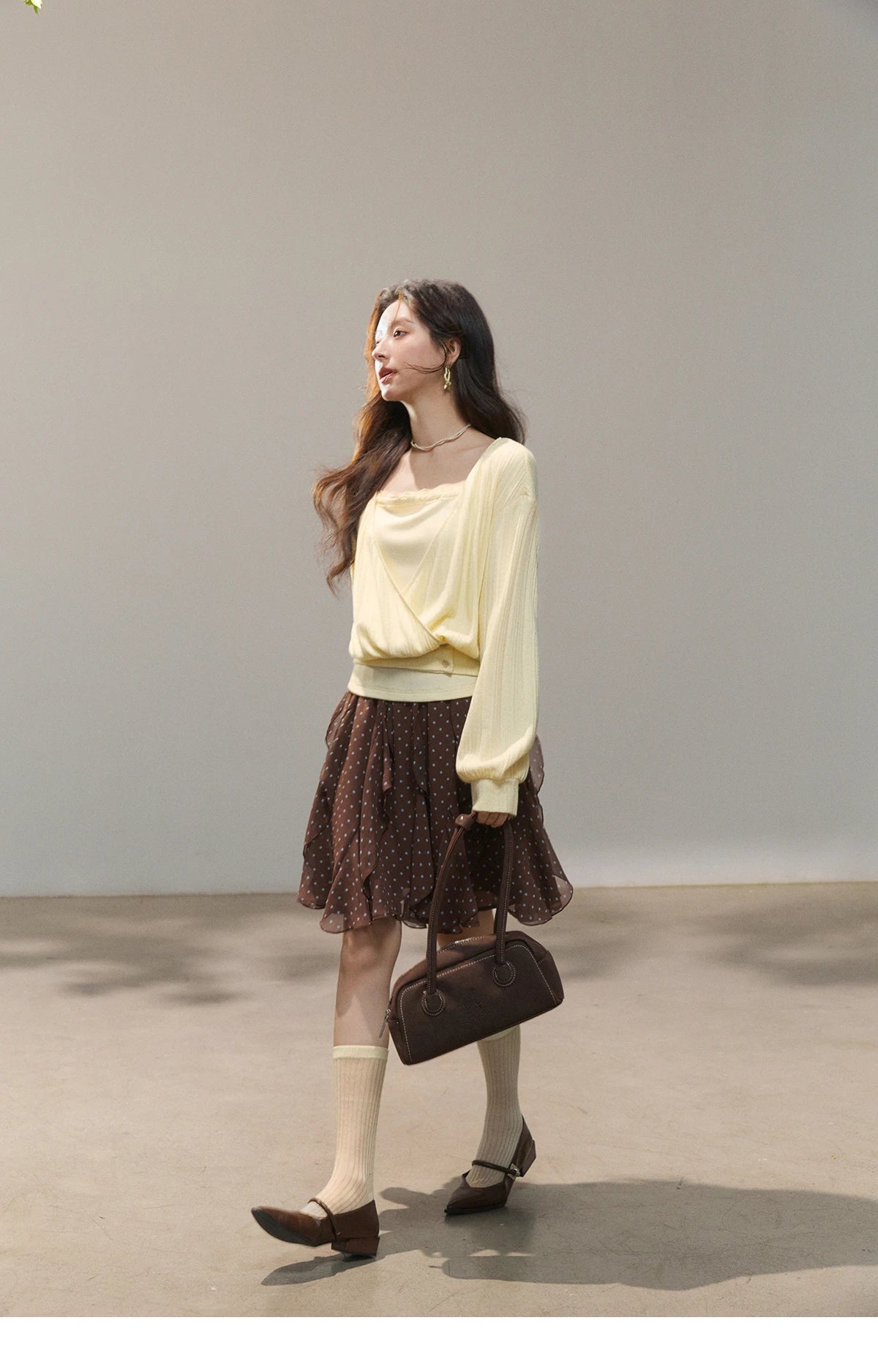 Mishow Lemon Yellow Lantern Sleeve Top & Lace Camisole Set MXF13T1513