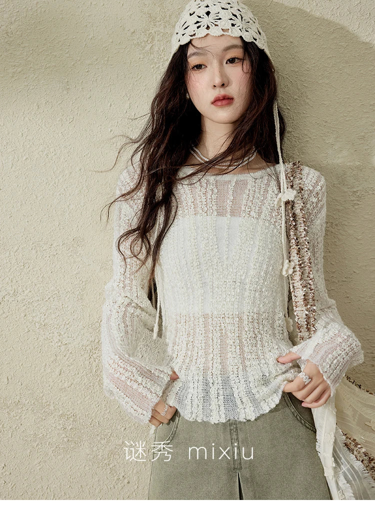 Mishow Apricot White Hollow Mohair Drop Sleeve Top MXE12Z1120
