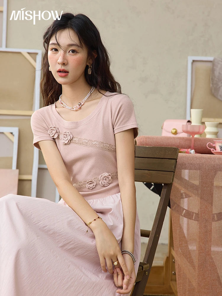 Mishow French Pink Woven Patchwork Knit Dress MXE36L2247