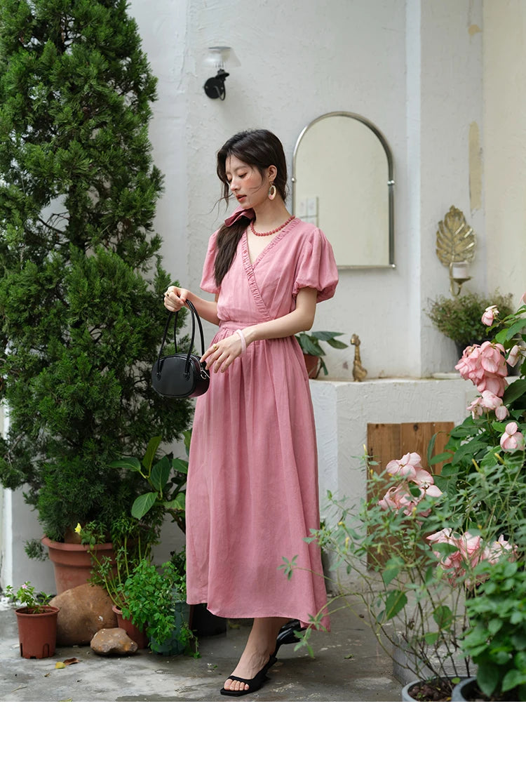 Mishow V-Neck Puff Sleeve Pocket Sash Dress MXE39L2381