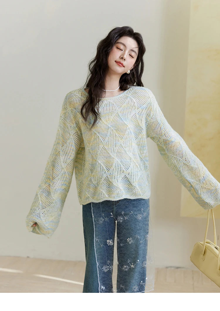 Mishow Hollow Dropped Shoulder Hem Wavy Edge Sweater MXE14Z1208