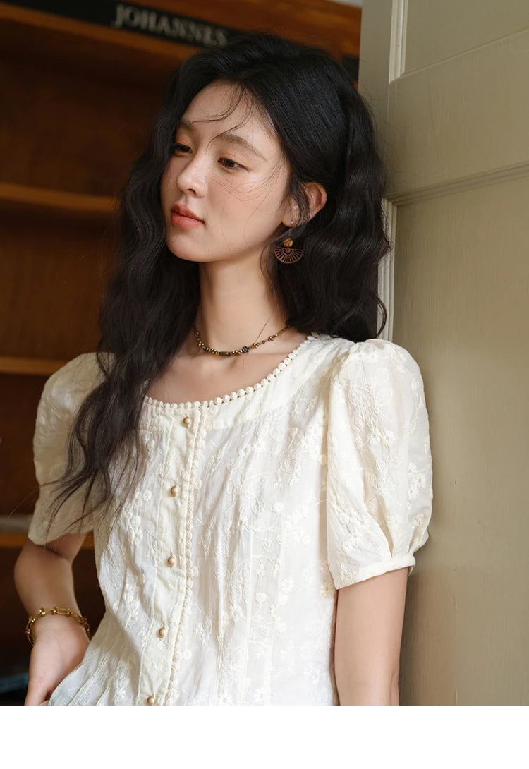 MISHOW Embroidery Cotton Shirt Puff Sleeve Button MXE39X1979