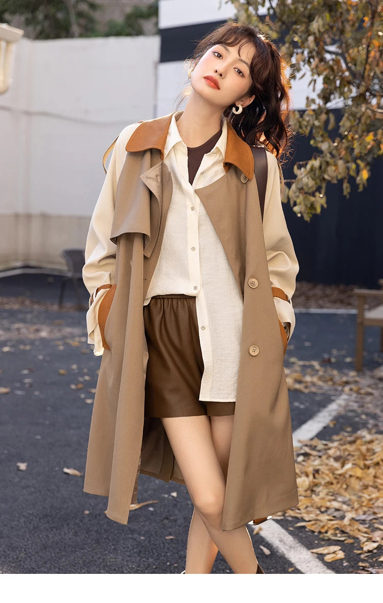 Mishow Khaki Contrast Color Spliced Trench Coat MXB31W0367