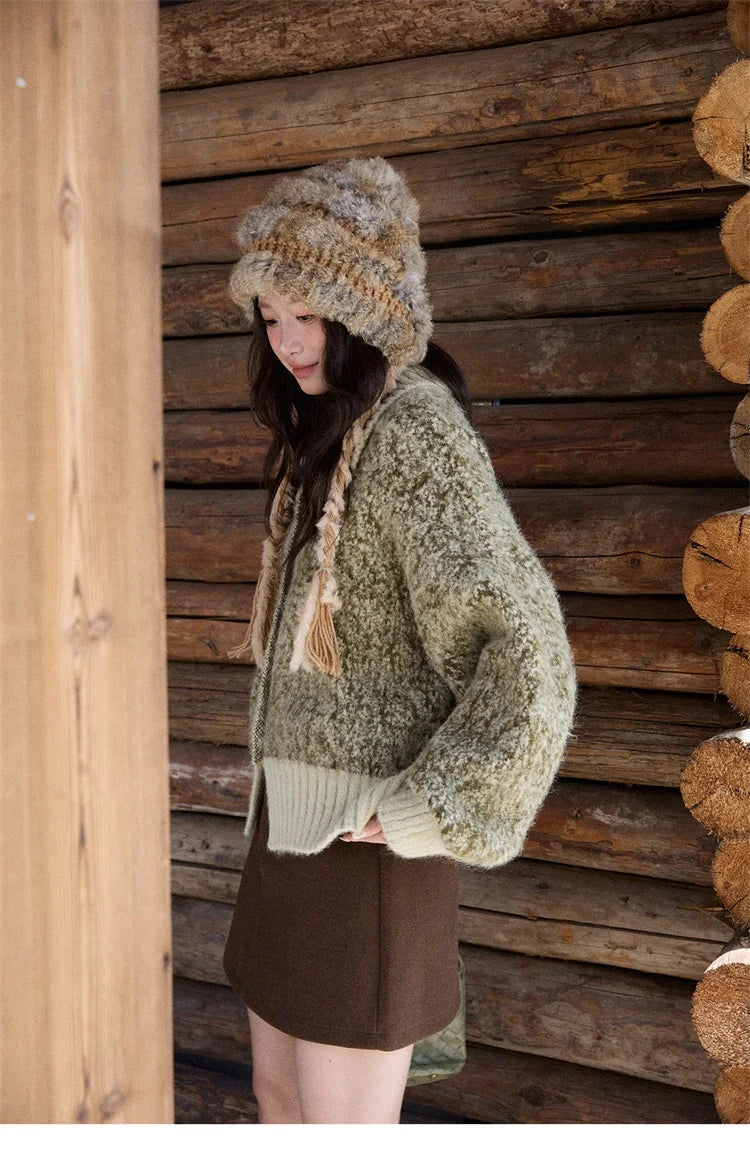 Mishow Green Retro Mottled Stand Collar Cardigan MXE90Z2787